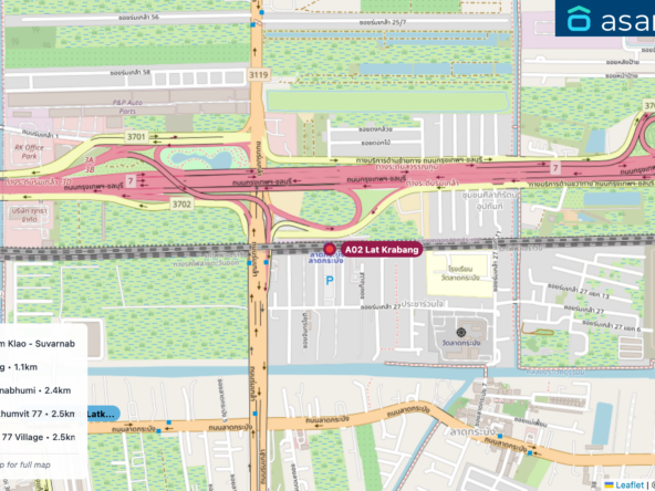 Map of condo projects near A02 Lat Krabang station. Nearest projects are Lumpini Condo Town Rom Klao - Suvarnabhumi 1.1 km, Centro Onnut-Latkrabang 1.1 km, Setthasiri Bangna-Suvarnabhumi 2.4 km, iCondo Green Space Sukhumvit 77 2.5 km, Perfect Place Sukhumvit 77 Village 2.5 km. Visit asanha.com/map for the full map
