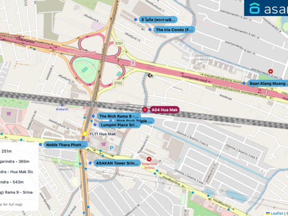 Map of condo projects near A04 Hua Mak station. Nearest projects are Rich Park Triple Station 251 m, The Rich Rama 9 - Srinagarindra 365 m, Lumpini Place Srinagarindra - Hua Mak Station 366 m, ASAKAN Tower Srinagarindra 543 m, The Iris Condo (F Building) Rama 9 - Srinagarindra 577 m. Visit asanha.com/map for the full map