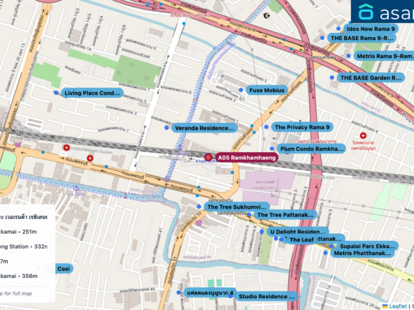Map of condo projects near A05 Ramkhamhaeng station. Nearest projects are Veranda Residence condo เวอเรนด้า เรซิเดนซ์ คอนโด 248 m, The Tree Sukhumvit 71-Ekamai 251 m, Plum Condo Ramkhamheng Station 332 m, The Privacy Rama 9 337 m, The Tree Pattanakarn-Ekkamai 356 m. Visit asanha.com/map for the full map