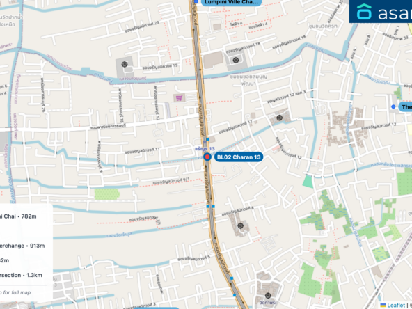 Map of condo projects near BL02 Charan 13 station. Nearest projects are Lumpini Ville Charan - Fai Chai 782 m, UNIO Charan 3 873 m, The Privacy Tha Phra Interchange 913 m, Thewin Town House 982 m, City Home Tha Phra Intersection 1.3 km. Visit asanha.com/map for the full map