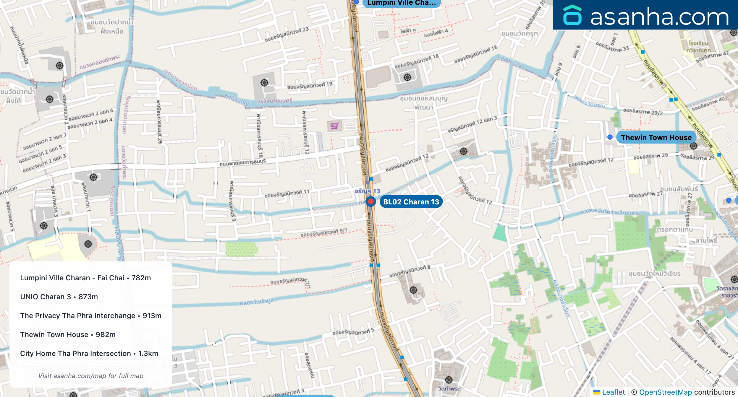 Map of condo projects near BL02 Charan 13 station. Nearest projects are Lumpini Ville Charan - Fai Chai 782 m, UNIO Charan 3 873 m, The Privacy Tha Phra Interchange 913 m, Thewin Town House 982 m, City Home Tha Phra Intersection 1.3 km. Visit asanha.com/map for the full map