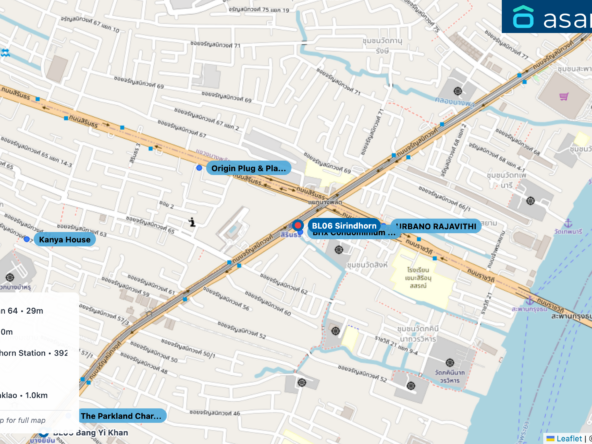 Map of condo projects near BL06 Sirindhorn station. Nearest projects are Brix Condominium Charan 64 29 m, URBANO RAJAVITHI 310 m, Origin Plug & Play Sirindhorn Station 392 m, Kanya House 944 m, The Parkland Charan-Pinklao 1.0 km. Visit asanha.com/map for the full map