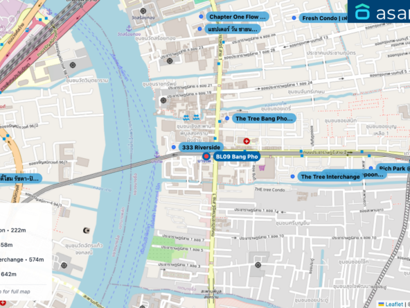 Map of condo projects near BL09 Bang Pho station. Nearest projects are 333 Riverside 163 m, The Tree Bang Pho Station 222 m, The Tree Interchange 458 m, The Stage Taopoon - Interchange 574 m, แชปเตอร์ วัน ชายน์ บางโพ 642 m. Visit asanha.com/map for the full map