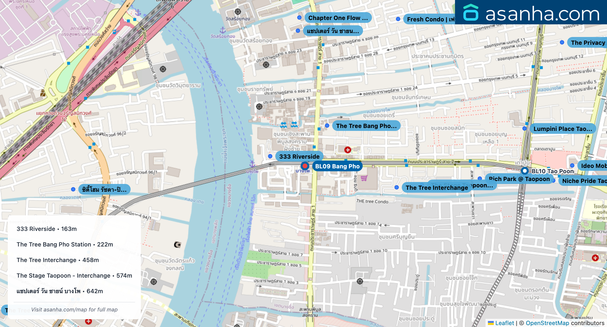 Map of condo projects near BL09 Bang Pho station. Nearest projects are 333 Riverside 163 m, The Tree Bang Pho Station 222 m, The Tree Interchange 458 m, The Stage Taopoon - Interchange 574 m, แชปเตอร์ วัน ชายน์ บางโพ 642 m. Visit asanha.com/map for the full map