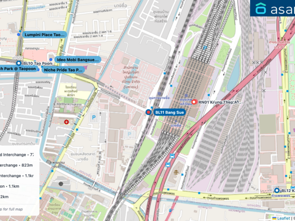 Map of condo projects near BL11 Bang Sue station. Nearest projects are Ideo Mobi Bangsue Grand Interchange 772 m, Niche Pride Tao Poon Interchange 823 m, Lumpini Place Taopoon Interchange 1.1 km, U Delight Bang Sue Station 1.1 km, Rich Park @ Taopoon 1.2 km. Visit asanha.com/map for the full map