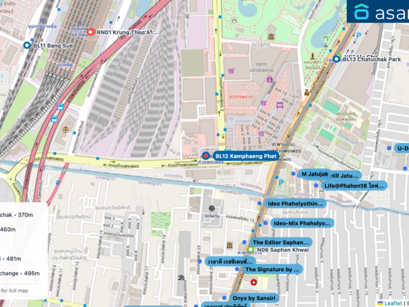 Map of condo projects near BL12 Kamphaeng Phet station. Nearest projects are Ideo Phaholyothin Chatuchak 370 m, Ideo-Mix Phaholyothin 460 m, M Jatujak 463 m, The Editor Saphan Khwai 481 m, Notting Hill Jatujak Interchange 495 m. Visit asanha.com/map for the full map