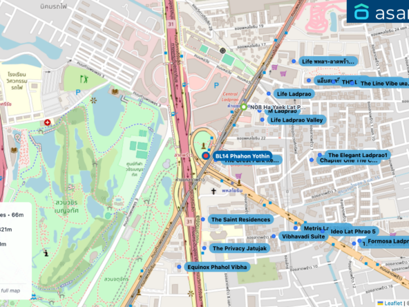 Map of condo projects near BL14 Phahon Yothin station. Nearest projects are The Crest Park Residences 66 m, The Saint Residences 321 m, Life Ladprao Valley 350 m, M Ladprao 365 m, Life Ladprao 457 m. Visit asanha.com/map for the full map