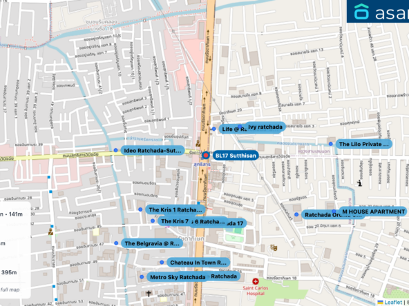 Map of condo projects near BL17 Sutthisan station. Nearest projects are Life @ Ratchada-Suthisan 141 m, Ivy ratchada 234 m, Quinn Ratchada 17 358 m, The kris 3 369 m, The Kris 6 Ratchada 17 395 m. Visit asanha.com/map for the full map