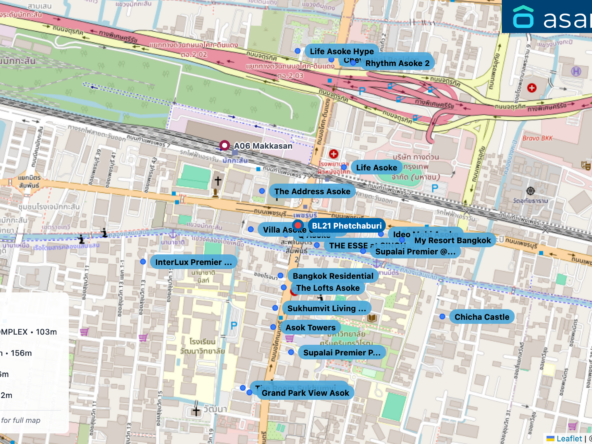 Map of condo projects near BL21 Phetchaburi station. Nearest projects are Q Asoke 46 m, THE ESSE at SINGHA COMPLEX 103 m, Villa Asoke Condominium 156 m, The Address Asoke 166 m, Bangkok Residential 182 m. Visit asanha.com/map for the full map