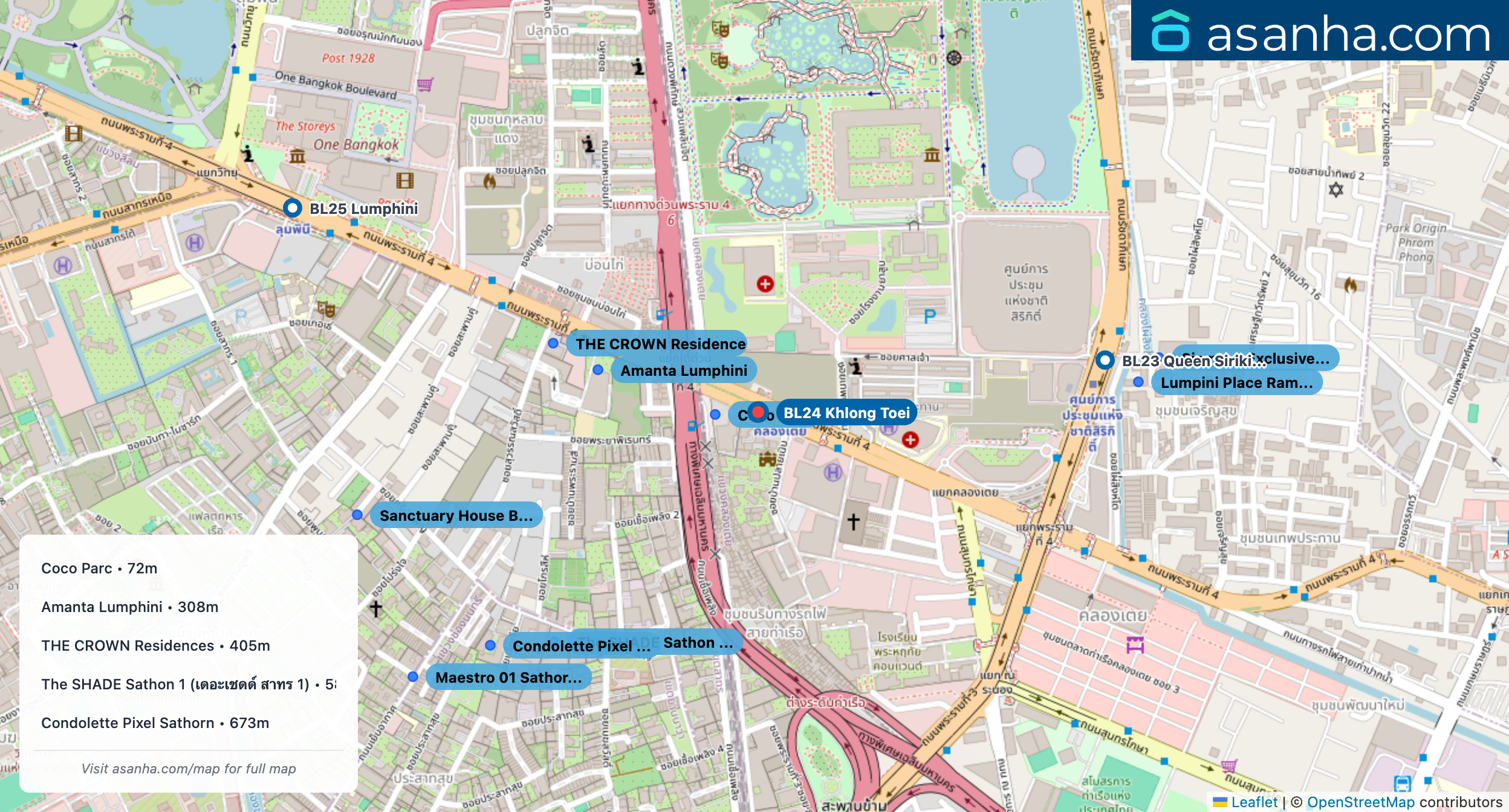 Map of condo projects near BL24 Khlong Toei station. Nearest projects are Coco Parc 72 m, Amanta Lumphini 308 m, THE CROWN Residences 405 m, The SHADE Sathon 1 (เดอะเชดด์ สาทร 1) 582 m, Condolette Pixel Sathorn 673 m. Visit asanha.com/map for the full map