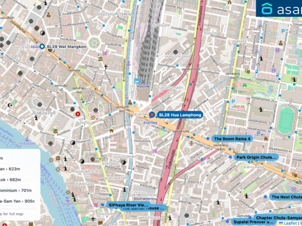 Map of condo projects near BL28 Hua Lamphong station. Nearest projects are The Room Rama 4 428 m, Park Origin Chula-Sam Yan 623 m, The Corner House Bangkok 682 m, SiPhaya River View Condominium 701 m, Supalai Premier Si Phraya-Sam Yan 905 m. Visit asanha.com/map for the full map