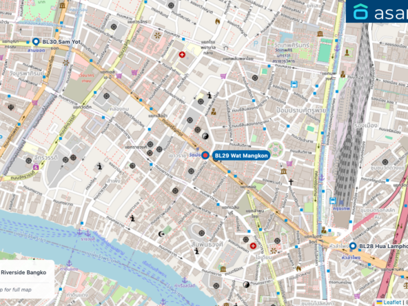 Map of condo projects near BL29 Wat Mangkon station. Nearest projects are Banyan Tree Residences Riverside Bangkok บันยัน ทรี เรสซิเดนซ์ ริเวอร์ไซด์ กรุงเทพ 1.1 km. Visit asanha.com/map for the full map