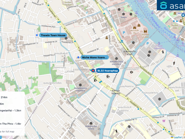 Map of condo projects near BL32 Itsaraphap station. Nearest projects are Niche Mono Itsaraphap 214 m, Thewin Town House 736 m, Supalai Lite ThaPhra-WongwianYai 1.3 km, Motif Condo 1.3 km, The Parkland Phet Kasem-Tha Phra 1.4 km. Visit asanha.com/map for the full map