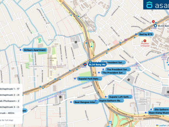 Map of condo projects near BL34 Bang Wa station. Nearest projects are The President Sathon-Ratchaphruek 1 176 m, The President Sathon-Ratchaphruek 2 207 m, Supalai Park Ratchaphruek-Phetkasem 208 m, The President Sathon-Ratchaphruek 3 242 m, Aspire Sathorn-Ratchaphruek 462 m. Visit asanha.com/map for the full map