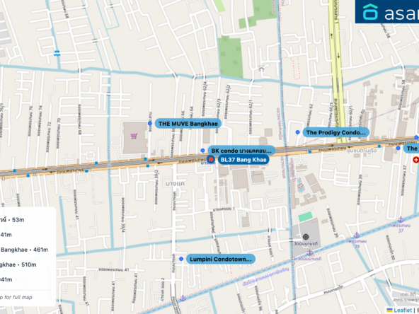 Map of condo projects near BL37 Bang Khae station. Nearest projects are BK condo บางแคคอนโดทาวน์ 53 m, THE MUVE Bangkhae 341 m, The Prodigy Condo MRT Bangkhae 461 m, Lumpini Condotown Bangkhae 510 m, The LIVIN Phetkasem 941 m. Visit asanha.com/map for the full map