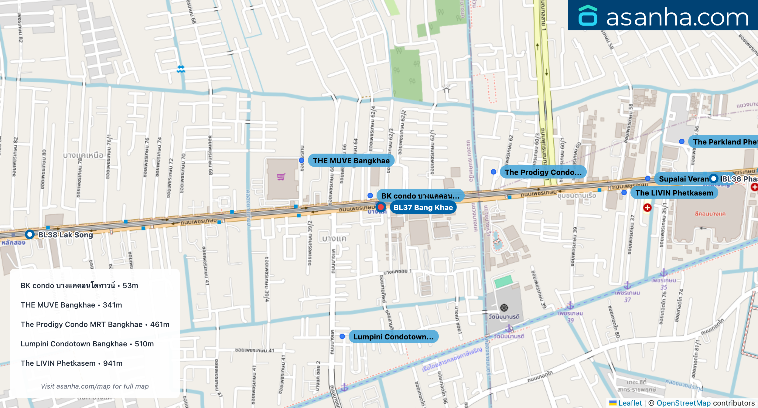 Map of condo projects near BL37 Bang Khae station. Nearest projects are BK condo บางแคคอนโดทาวน์ 53 m, THE MUVE Bangkhae 341 m, The Prodigy Condo MRT Bangkhae 461 m, Lumpini Condotown Bangkhae 510 m, The LIVIN Phetkasem 941 m. Visit asanha.com/map for the full map