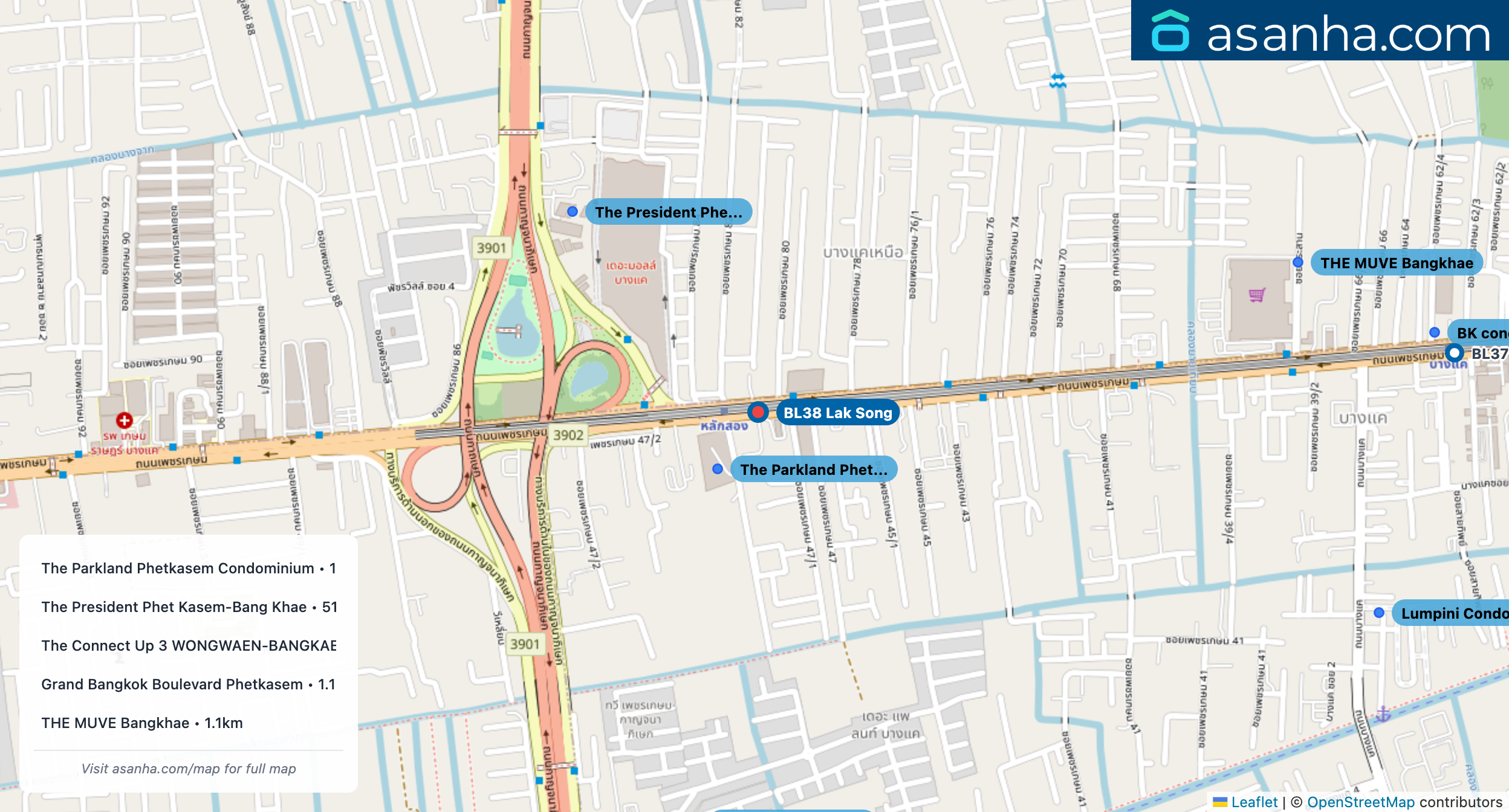 Map of condo projects near BL38 Lak Song station. Nearest projects are The Parkland Phetkasem Condominium 128 m, The President Phet Kasem-Bang Khae 515 m, The Connect Up 3 WONGWAEN-BANGKAE 793 m, Grand Bangkok Boulevard Phetkasem 1.1 km, THE MUVE Bangkhae 1.1 km. Visit asanha.com/map for the full map