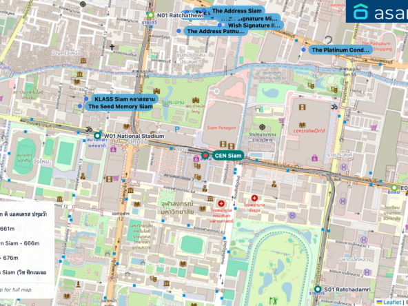 Map of condo projects near CEN Siam station. Nearest projects are The Address Pathum Wan ดิ แอดเดรส ปทุมวัน 643 m, KLASS Siam คลาสสยาม 661 m, Wish Signature II Midtown Siam 666 m, The Seed Memory Siam 676 m, WISH Signature Midtown Siam (วิช ซิกเนเจอร์ มิดทาวน์ สยาม) 697 m. Visit asanha.com/map for the full map