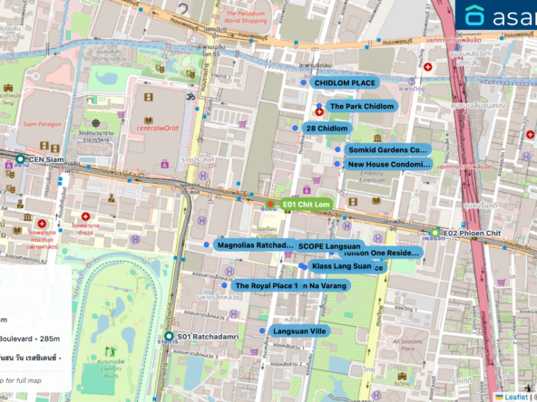 Map of condo projects near E01 Chit Lom station. Nearest projects are SCOPE Langsuan 177 m, Klass Lang Suan 270 m, Na Vara Residence 283 m, Magnolias Ratchadamri Boulevard 285 m, Tonson One Residence ต้นสน วัน เรสซิเดนซ์ 310 m. Visit asanha.com/map for the full map