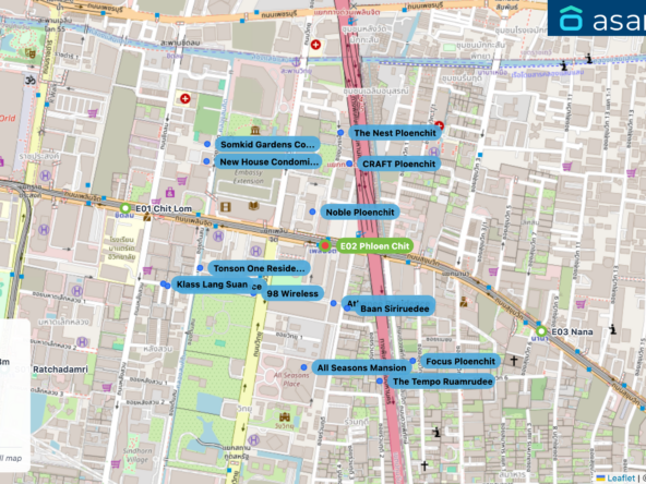 Map of condo projects near E02 Phloen Chit station. Nearest projects are Noble Ploenchit 114 m, Athenee Residence 188 m, Baan Siriruedee 216 m, 98 Wireless 268 m, CRAFT Ploenchit 279 m. Visit asanha.com/map for the full map