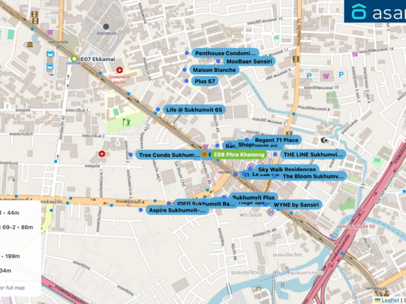Map of condo projects near E08 Phra Khanong station. Nearest projects are RHYTHM Sukhumvit 44/1 44 m, Bangkok Feliz Sukhumvit 69-2 86 m, Shophouse 26 148 m, The Room Sukhumvit 69 199 m, Le Luk Condominium 234 m. Visit asanha.com/map for the full map