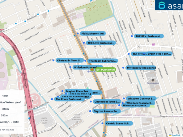 Map of condo projects near E11 Punnawithi station. Nearest projects are The Room Sukhumvit 62 121 m, Whizdom Punnawithi Station วิสซ์ดอม ปุณณวิถี สเตชั่น 238 m, THE LINE Sukhumvit 101 313 m, The Tree Sukhumvit 64 352 m, Chateau In Town Sukhumvit 64/1. 361 m. Visit asanha.com/map for the full map