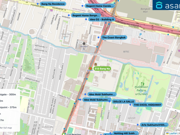 Map of condo projects near E13 Bang Na station. Nearest projects are Ideo Mobi Sukhumvit Eastgate 300 m, The Coast Bangkok 372 m, Ideo Mobi Sukhumvit Eastpoint 375 m, DOLCE LA SALLE 442 m, Ideo O2 - Building A 567 m. Visit asanha.com/map for the full map