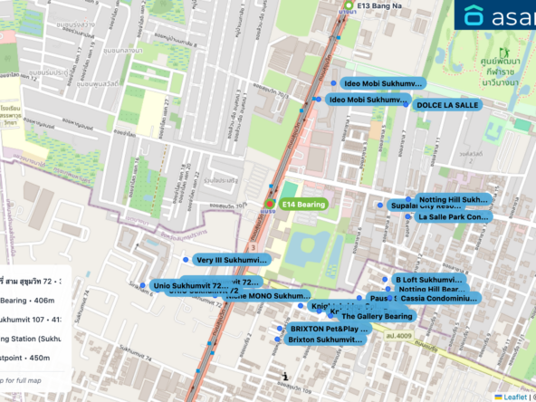 Map of condo projects near E14 Bearing station. Nearest projects are Very III Sukhumvit 72 : เวรี่ สาม สุขุมวิท 72 382 m, Niche MONO Sukhumvit Bearing 406 m, Knightsbridge Collage Sukhumvit 107 413 m, Supalai City Resort Bearing Station (Sukhumvit 105) 440 m, Ideo Mobi Sukhumvit Eastpoint 450 m. Visit asanha.com/map for the full map