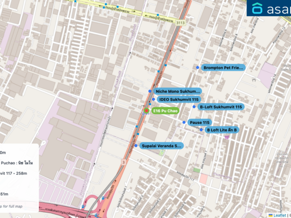 Map of condo projects near E16 Pu Chao station. Nearest projects are IDEO Sukhumvit 115 100 m, Niche Mono Sukhumvit - Puchao : นิช โมโน สุขุมวิท - ปู่เจ้า 143 m, Supalai Veranda Sukhumvit 117 258 m, Pause 115 291 m, B-Loft Sukhumvit 115 351 m. Visit asanha.com/map for the full map
