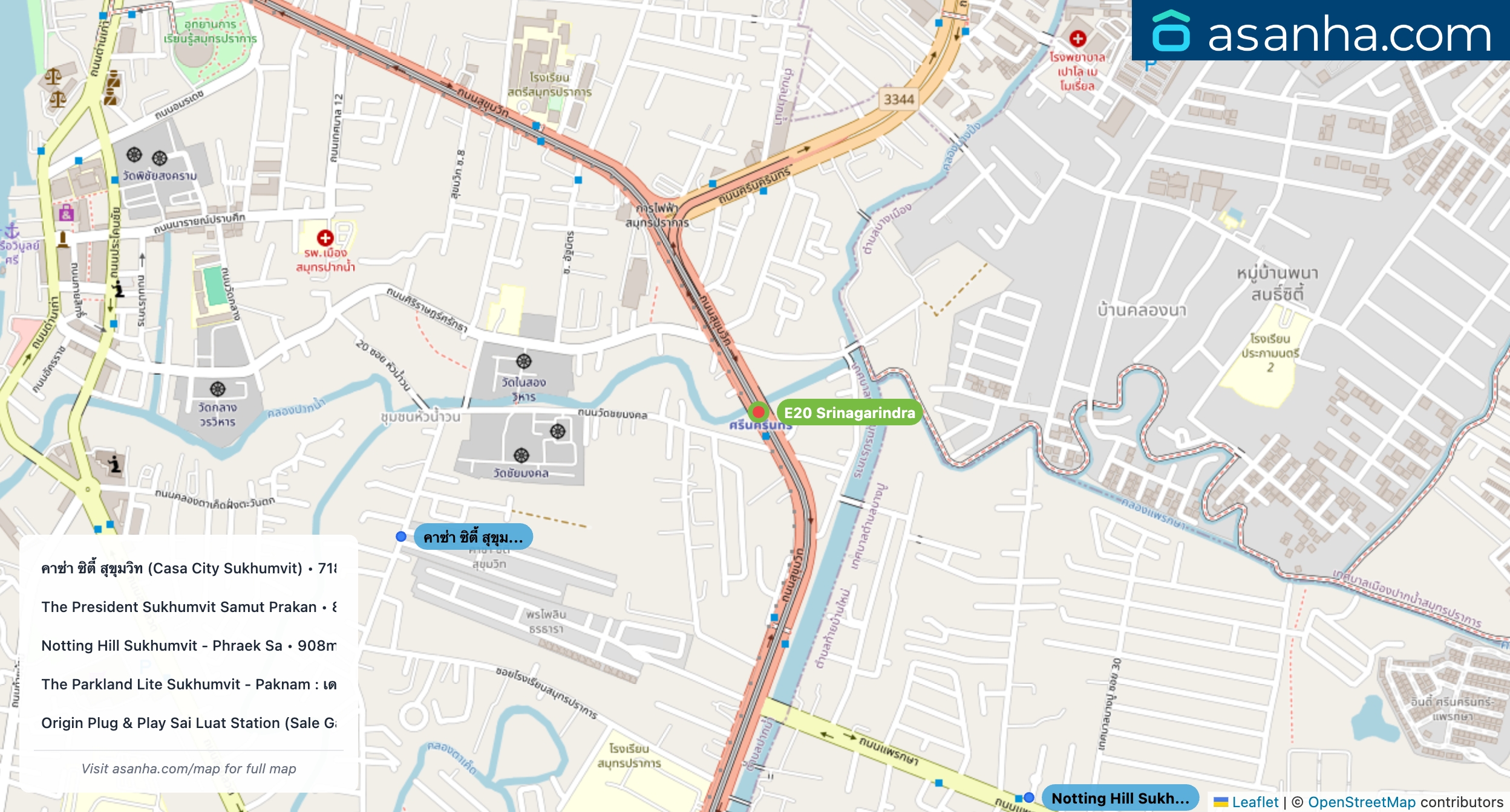 Map of condo projects near E20 Srinagarindra station. Nearest projects are คาซ่า ซิตี้ สุขุมวิท (Casa City Sukhumvit) 718 m, The President Sukhumvit Samut Prakan 807 m, Notting Hill Sukhumvit - Phraek Sa 908 m, The Parkland Lite Sukhumvit - Paknam : เดอะ พาร์คแลนด์ ไลท์ สุขุมวิท - ปากน้ำ 1.7 km, Origin Plug & Play Sai Luat Station (Sale Gallery) 1.8 km. Visit asanha.com/map for the full map