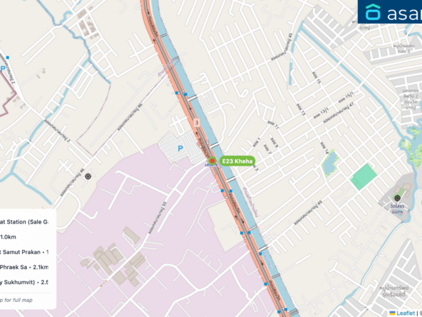 Map of condo projects near E23 Kheha station. Nearest projects are Origin Plug & Play Sai Luat Station (Sale Gallery) 1.0 km, The Origin E22 Station 1.0 km, The President Sukhumvit Samut Prakan 1.9 km, Notting Hill Sukhumvit - Phraek Sa 2.1 km, คาซ่า ซิตี้ สุขุมวิท (Casa City Sukhumvit) 2.5 km. Visit asanha.com/map for the full map