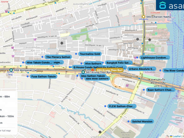 Map of condo projects near G01 Krung Thon Buri station. Nearest projects are Villa Sathon Condominium 68 m, Hive Sathorn 138 m, Ideo Mobi Sathorn 145 m, Bangkok Feliz Sathon-Taksin 150 m, Ideo Sathon-Taksin 175 m. Visit asanha.com/map for the full map
