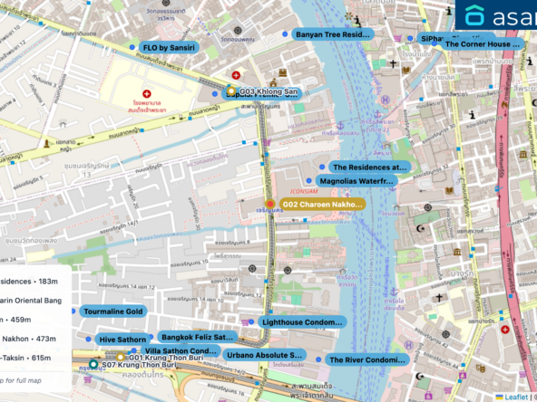 Map of condo projects near G02 Charoen Nakhon (ICONSIAM) station. Nearest projects are Magnolias Waterfront Residences 183 m, The Residences at Mandarin Oriental Bangkok 254 m, Lighthouse Condominium 459 m, Supalai Premier Charoen Nakhon 473 m, Urbano Absolute Sathon-Taksin 615 m. Visit asanha.com/map for the full map