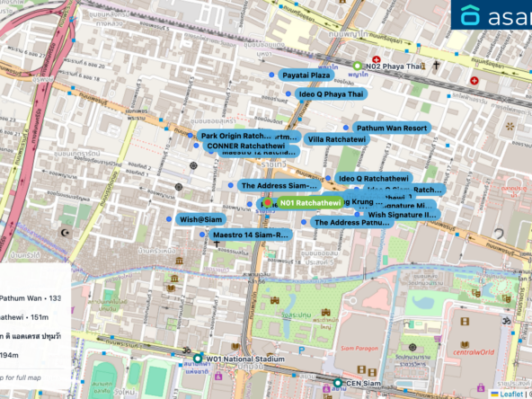 Map of condo projects near N01 Ratchathewi station. Nearest projects are Pyne by Sansiri 61 m, Baan Klang Krung Siam-Pathum Wan 133 m, The Address Siam-Ratchathewi 151 m, The Address Pathum Wan ดิ แอดเดรส ปทุมวัน 169 m, THE LINE Ratchathewi 194 m. Visit asanha.com/map for the full map