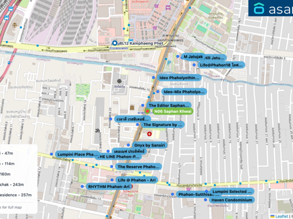 Map of condo projects near N06 Saphan Khwai station. Nearest projects are The Editor Saphan Khwai 47 m, The Signature by Urbano 114 m, Ideo-Mix Phaholyothin 160 m, Ideo Phaholyothin Chatuchak 243 m, เวลาดี เรสซิเดนซ์ Vela de Residence 257 m. Visit asanha.com/map for the full map