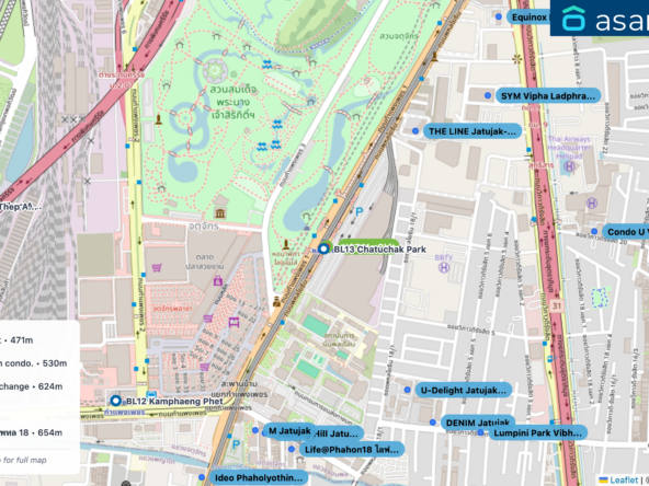 Map of condo projects near N07 Mo Chit station. Nearest projects are THE LINE Jatujak-Mochit 471 m, U-Delight Jatujak Station condo. 530 m, Notting Hill Jatujak Interchange 624 m, M Jatujak 626 m, Life@Phahon18 ไลฟ์ แอท พหล 18 654 m. Visit asanha.com/map for the full map