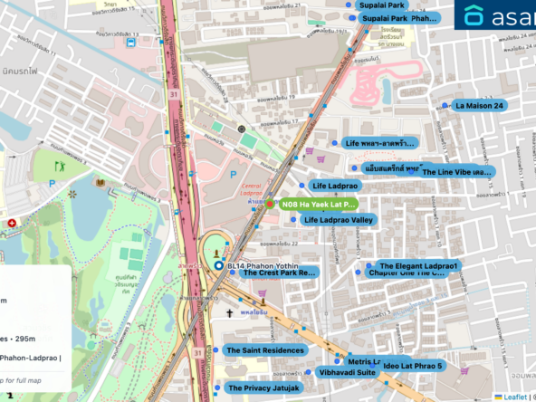 Map of condo projects near N08 Ha Yaek Lat Phrao station. Nearest projects are M Ladprao 91 m, Life Ladprao Valley 120 m, Life Ladprao 153 m, The Crest Park Residences 295 m, Life พหลฯ-ลาดพร้าว | Life Phahon-Ladprao | First Class Living in The Heart of Ladprao 352 m. Visit asanha.com/map for the full map