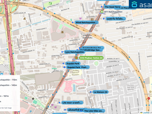 Map of condo projects near N10 Phahon Yothin 24 station. Nearest projects are KnightsBridge Space Ratchayothin 110 m, KnightsBridge Prime Ratchayothin 145 m, Supalai Park 185 m, Supalai Park Phaholyothin 197 m, Lyss Ratchayothin 201 m. Visit asanha.com/map for the full map
