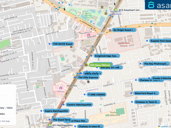 Map of condo projects near N12 Sena Nikhom station. Nearest projects are Phyll Phahol 34 59 m, Premio Quinto 112 m, พรีมิโอ ควินโต 115 m, Knightsbridge Kaset Society 135 m, พหลโยธิน 34 เรสซิเด้นท์ 146 m. Visit asanha.com/map for the full map