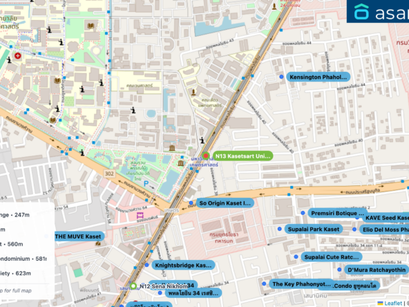 Map of condo projects near N13 Kasetsart University station. Nearest projects are So Origin Kaset Interchange 247 m, Supalai Park Kaset 533 m, Kensington Phahol-Kaset 560 m, Premsiri Botique Park Condominium 581 m, Knightsbridge Kaset Society 623 m. Visit asanha.com/map for the full map