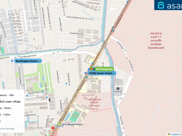 Map of condo projects near N15 Bang Bua station. Nearest projects are เซียล่า ศรีปทุม (CIELA Sripatum) 19 m, COBE Kaset-Sripatum (โค้บบ์ เกษตร-ศรีปทุม) 75 m, Kensington Kaset Campus 902 m, Kensington Phahol-Kaset 1.2 km, Metro Luxe Kaset 1.7 km. Visit asanha.com/map for the full map