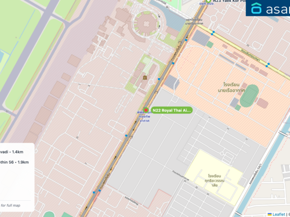 Map of condo projects near N22 Royal Thai Air Force Museum station. Nearest projects are Baan Klang Muang Vibhavadi 1.4 km, The Cube Plus Phahonyothin 56 1.9 km, Rasa Grand Ville 2.0 km, Rasa Luxx Ville 2.0 km, Home In Town 2.0 km. Visit asanha.com/map for the full map
