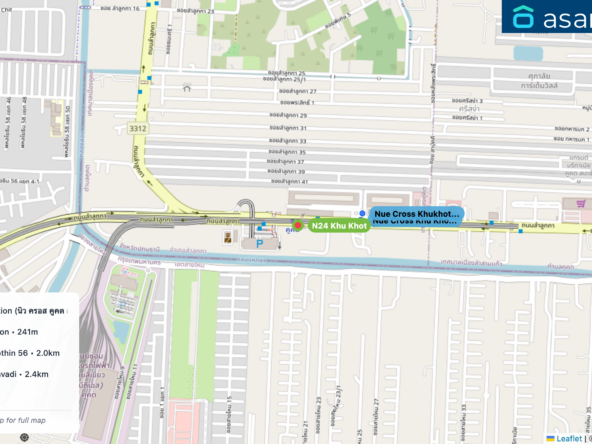 Map of condo projects near N24 Khu Khot station. Nearest projects are Nue Cross Khu Khot Station (นิว ครอส คูคต สเตชัน) 230 m, Nue Cross Khukhot Station 241 m, The Cube Plus Phahonyothin 56 2.0 km, Baan Klang Muang Vibhavadi 2.4 km, Home In Town 2.4 km. Visit asanha.com/map for the full map
