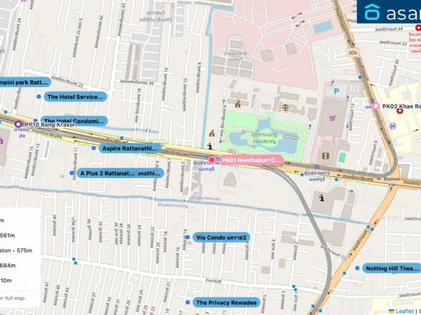 Map of condo projects near PK01 Nonthaburi Civic Center station. Nearest projects are Vio Condo แคราย2 396 m, Aspire Rattanathibet 2 561 m, Aspire Rattanathibet Weston 575 m, A Plus 2 Rattanathibet 684 m, The Privacy Rewadee 710 m. Visit asanha.com/map for the full map