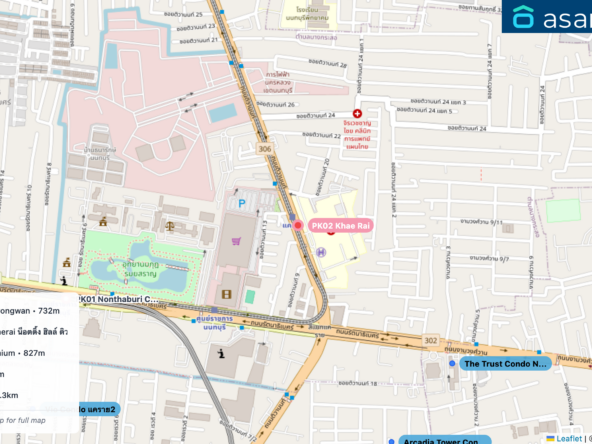 Map of condo projects near PK02 Khae Rai station. Nearest projects are The Trust Condo Ngamwongwan 732 m, Notting Hill Tiwanon - Kaerai น็อตติ้ง ฮิลล์ ติวานนท์ แคราย 797 m, Arcadia Tower Condominium 827 m, Vio Condo แคราย2 1.1 km, The Privacy Rewadee 1.3 km. Visit asanha.com/map for the full map