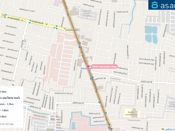 Map of condo projects near PK03 Sanambin Nam station. Nearest projects are Plum Condo Samakkhi 1.3 km, The Hotel Serviced Condo เดอะโฮเทล คอนโด 1.7 km, Aspire Rattanathibet Weston 1.7 km, The Hotel Condominium 1.8 km, Aspire Rattanathibet 2 1.8 km. Visit asanha.com/map for the full map