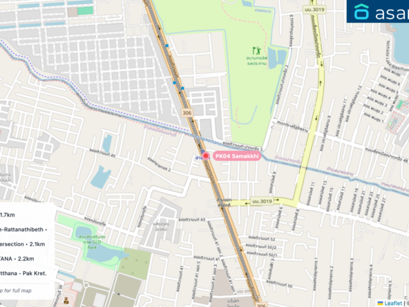 Map of condo projects near PK04 Samakkhi station. Nearest projects are Plum Condo Samakkhi 1.7 km, City Home Sanambinnam-Rattanathibeth 2.0 km, Supalai Vista Pakkret Intersection 2.1 km, THE KITH CHAENGWATTANA 2.2 km, Lumpini Ville Chaeng Watthana - Pak Kret. 2.4 km. Visit asanha.com/map for the full map