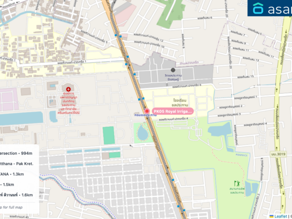 Map of condo projects near PK05 Royal Irrigation Department station. Nearest projects are Supalai Vista Pakkret Intersection 994 m, Lumpini Ville Chaeng Watthana - Pak Kret. 1.2 km, THE KITH CHAENGWATTANA 1.3 km, Niche id Pakkret Station 1.5 km, The Kith Tiwanon เดอะคิทท์ ติวานนท์ 1.6 km. Visit asanha.com/map for the full map