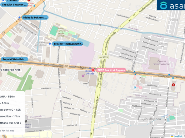Map of condo projects near PK07 Pak Kret Bypass station. Nearest projects are THE KITH CHAENGWATTANA 560 m, Niche id Pakkret Station 1.0 km, ฌ็องเซลิเซ่ อเวนิว คอนโดมิเนี่ยม อาคาร C 1.0 km, Supalai Vista Pakkret Intersection 1.1 km, Lumpini Ville Chaeng Watthana-Pak Kret Station 1.1 km. Visit asanha.com/map for the full map