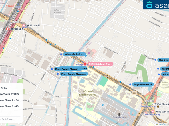 Map of condo projects near PK15 Rajabhat Phranakhon station. Nearest projects are พลัมคอนโด มิกซ์ แจ้งวัฒนะ 311 m, PLUM CONDO CHAENGWATTANA STATION พลัม คอนโด แจ้งวัฒนะ สเตชั่น 337 m, Plum Condo Chaengwattana Phase 2 347 m, Plum Condo Chaengwattana Phase 1 404 m, Regent Home 18 617 m. Visit asanha.com/map for the full map